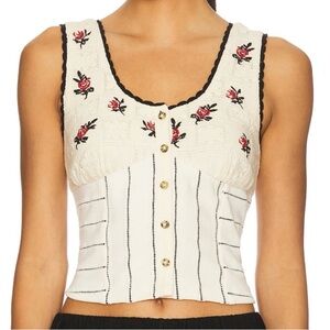 Free People Cream and Black Embroidered Top
